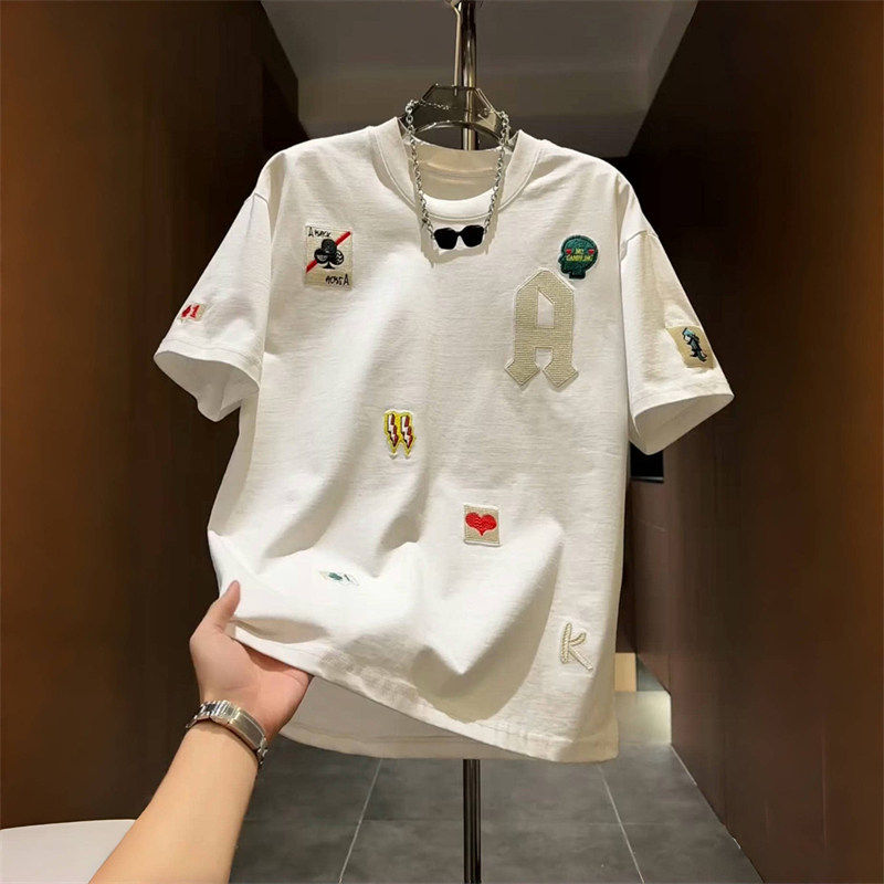 美式复古重磅字母刺绣短袖T恤男夏季高街痞帅修身圆领半袖上衣潮