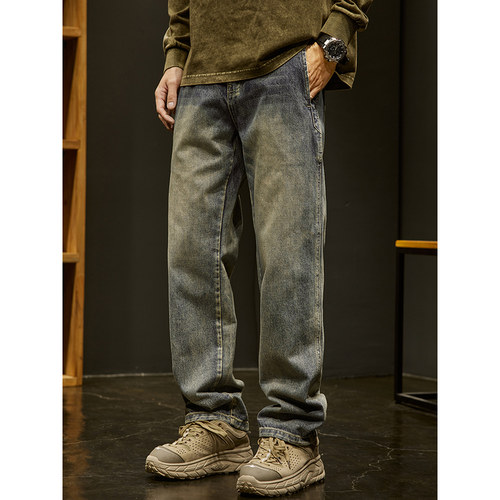 潮牌it neith BIAS美式复古牛仔裤男秋冬宽松直筒做旧阔腿百搭款