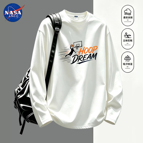 NASA联名重磅纯棉长袖T恤男2026新款宽松篮球印花打底衫春秋内搭T