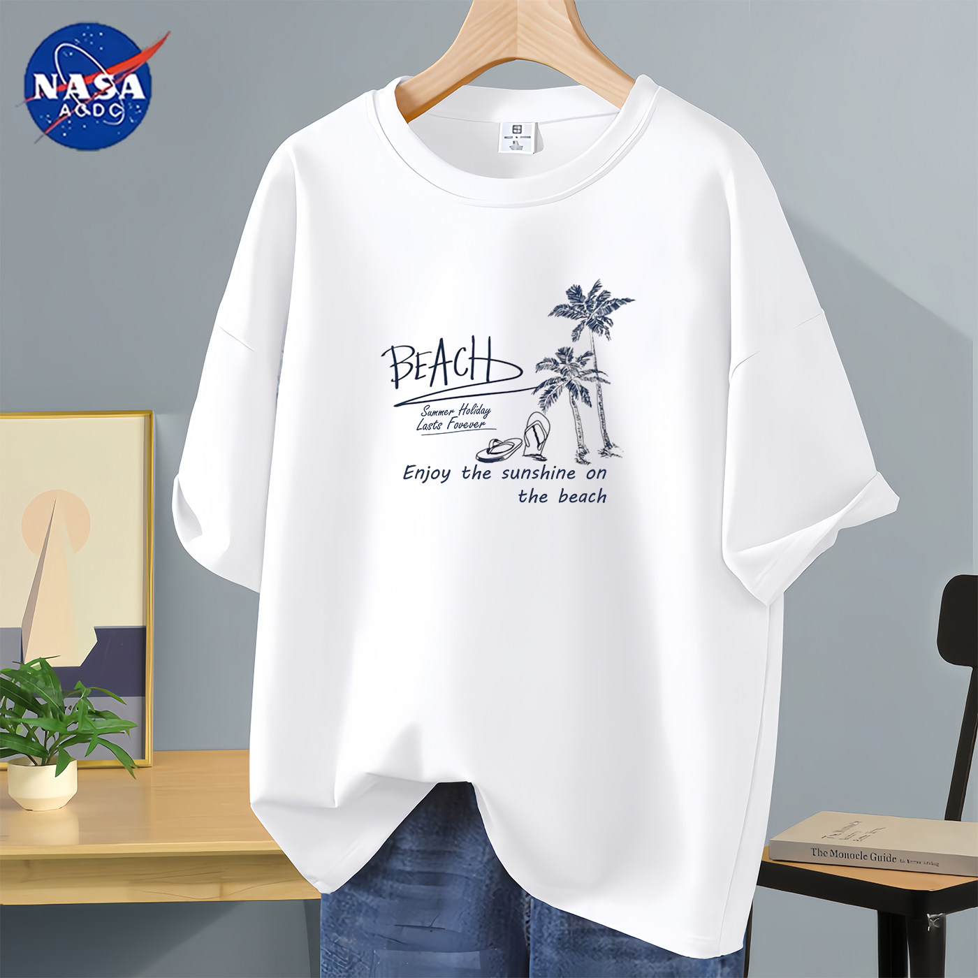 NASA联名短袖t恤男生2026新款夏季男款宽松圆领重磅白色半袖体恤T图片