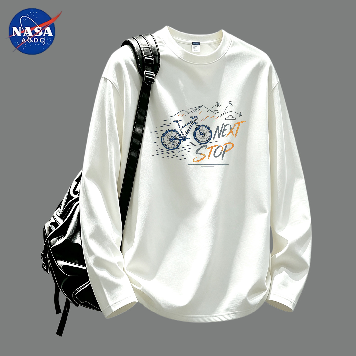 NASA联名长袖t恤男纯棉2026新款宽松圆领学生青少年自行车上衣服T