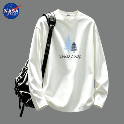 NASA重磅纯棉长袖T恤男生2026新款宽松圆领青春潮流印花上衣百搭t