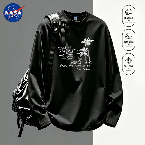 NASA联名长袖T恤男士2026新款秋冬宽松纯棉字母青少年潮流上衣服t