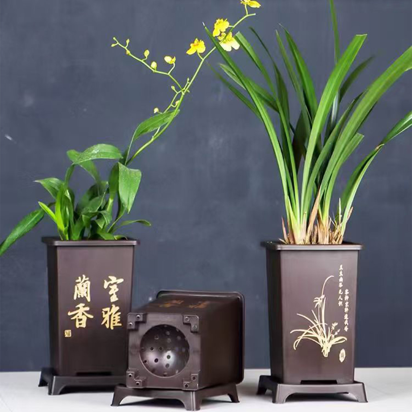 仿紫砂塑料方形兰花盆透气排水