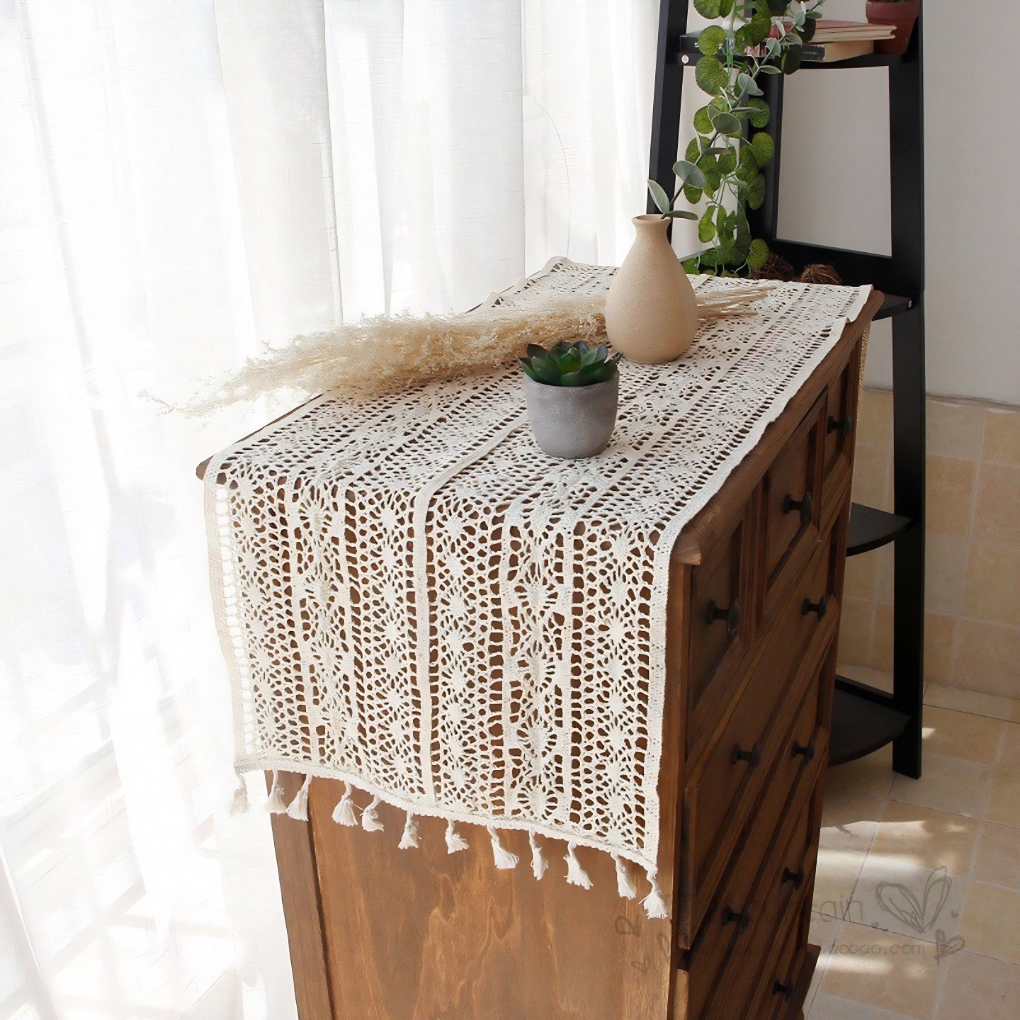 田园米色镂空桌旗棉麻钩织斗柜