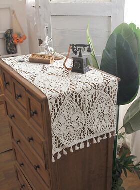 美式乡村桌旗复古镂空钩针桌布餐桌茶几电视柜鞋柜旗盖巾盖布蕾丝