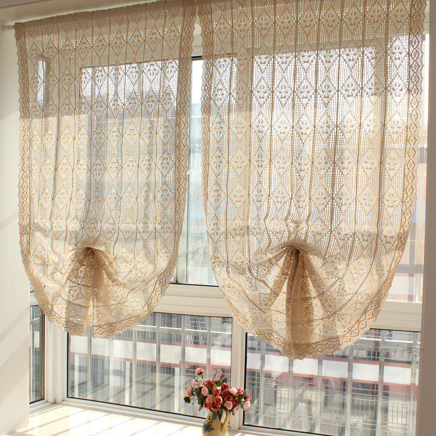 美式棉麻钩针提拉帘镂空气球帘魔术贴成品升降罗马帘扇形飘窗窗帘