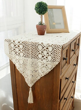 中式钩针棉麻桌旗复古美式乡村镂空全棉布艺桌布茶几布电视柜盖布