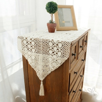 中式桌旗钩针棉麻复古全棉布艺