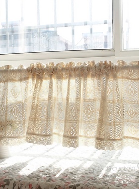 棉麻钩针厨房半帘免打孔魔术贴粘贴小窗帘飘窗橱柜帘隔断帘门帘头