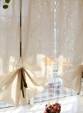 田园成品棉麻气球提拉帘镂空高档升降帘罗马帘魔术贴卧室飘窗窗帘