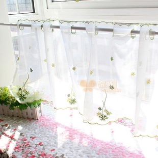 清新竹节棉纱刺绣咖啡帘厨房小窗帘半帘门帘橱柜帘穿杆纱帘免打孔