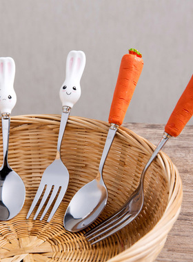 胡萝卜兔子卡通不锈钢勺子叉子 家用餐具便携汤匙儿童调羹小汤勺