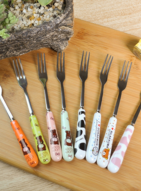 创意陶瓷手柄水果叉不锈钢时尚水果签 韩式西餐小叉子甜品点心叉