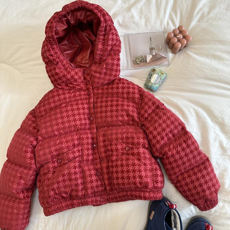 家千鸟格植绒圣诞红加厚连帽