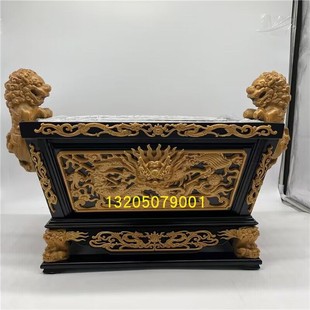 木雕马槽炉实木大香炉家用寺庙佛堂供佛供奉复古中式四方炉双狮炉