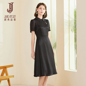 复古气质缎面波点连衣裙女2026新款夏高端收腰显瘦黑色赫本风裙子