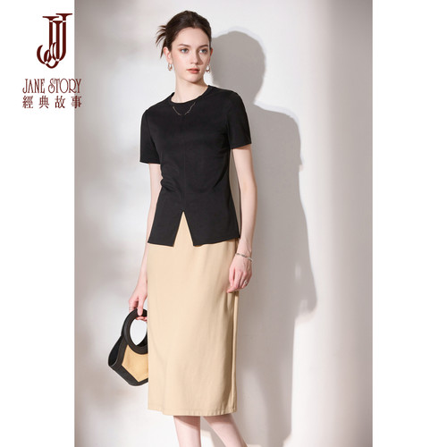 设计感短袖T恤女黑色t开叉小衫