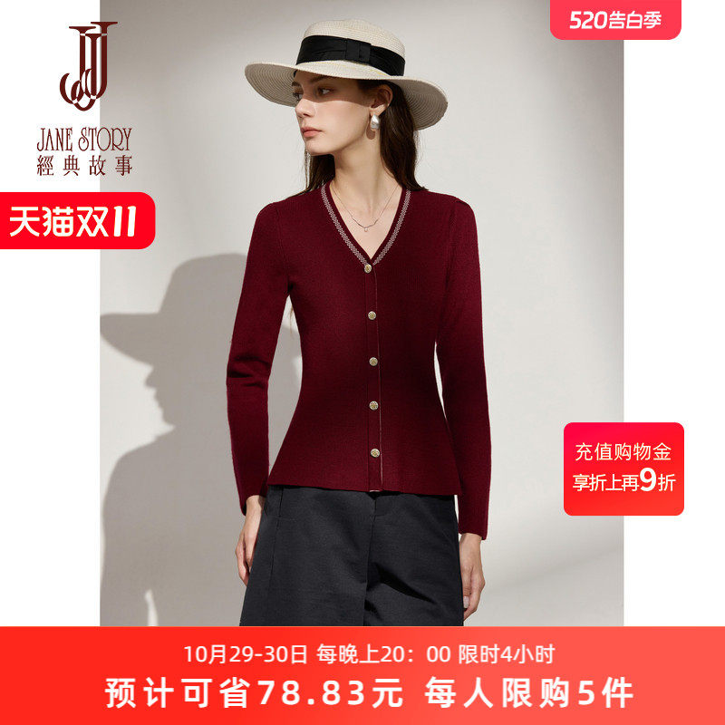 经典故事新款高级感显瘦红色针织衫上衣女秋季内搭打底V领毛衣