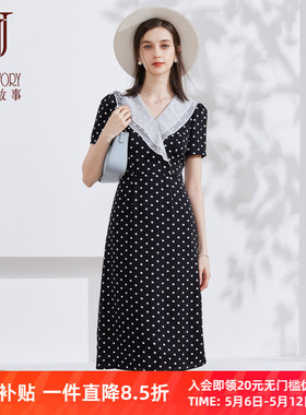 法式荷叶边波点连衣裙女夏季2026新款气质V领黑色雪纺裙收腰长裙
