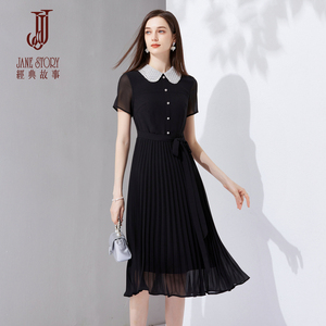 修身娃娃领黑色衬衫连衣裙女2026新款夏季雪纺裙子气质衬衣百褶裙