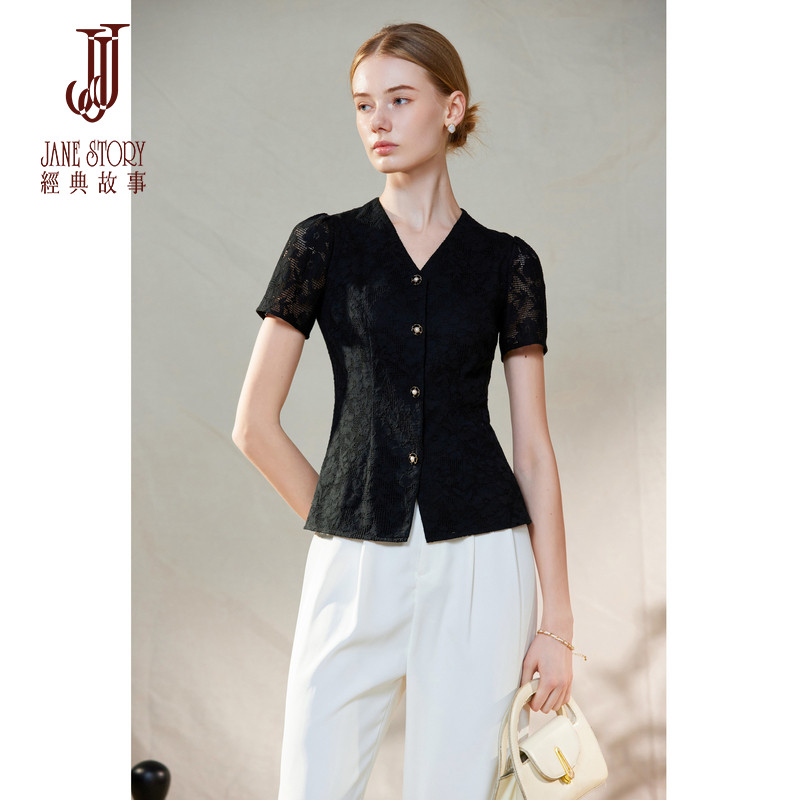 高端黑色西服外套女蕾丝小西装