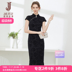 经典故事名媛改良旗袍女夏季2026新款丝绒短袖修身复古黑色连衣裙
