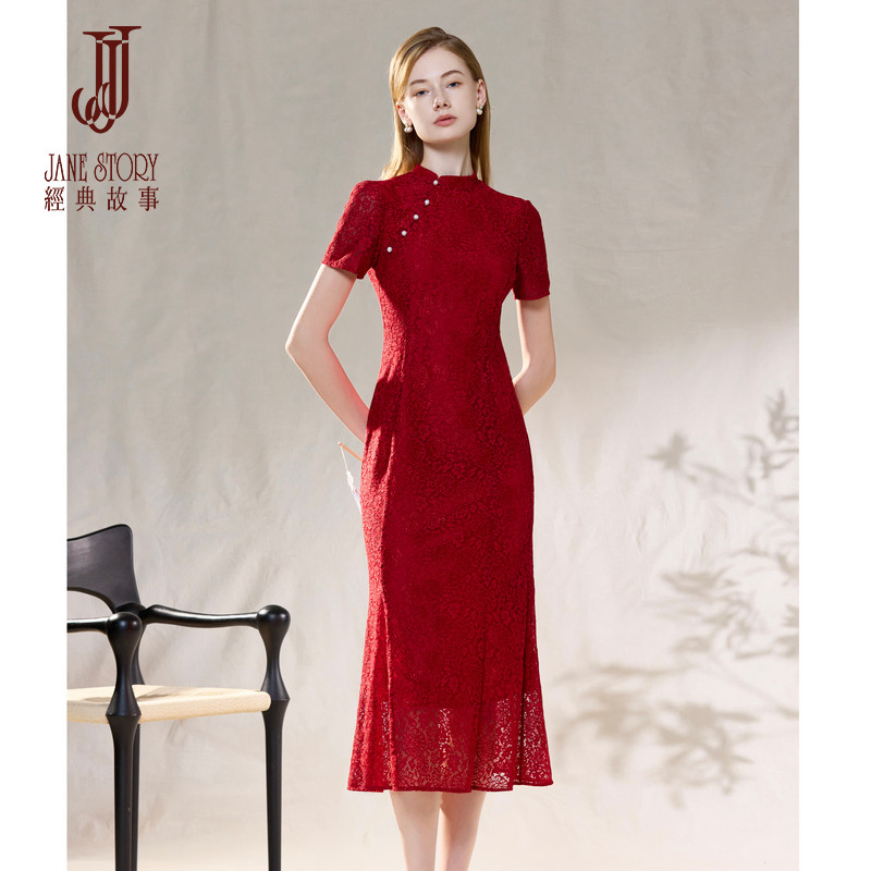 高端红色蕾丝旗袍连衣裙女修身