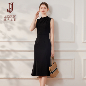 复古优雅赫本风黑色连衣裙女2026夏季新款半高领通勤修身鱼尾裙