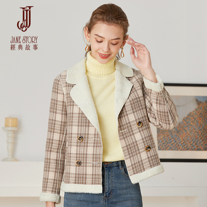 经典故事双排扣格子冬装棉服外套