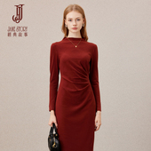 经典 收腰显瘦长裙 半高领修身 复古酒红色针织连衣裙女2025秋季 新款