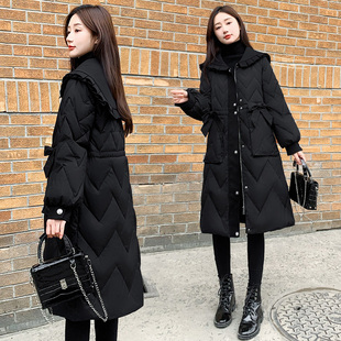 2025新款女装冬季修身收腰中长款羽绒服女黑色显瘦过膝外套蝴蝶结