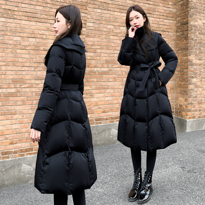 2025冬季新款女装海军领长款羽绒服女黑色修身收腰白鸭绒保暖外套