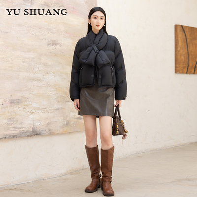 2025冬季新款短款羽绒服女可拆卸围巾面包服保暖白鸭绒外套女加厚