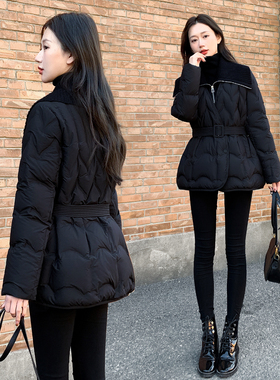 2025新款女装冬季修身收腰短款羽绒服女黑色显瘦针织翻领鸭绒外套
