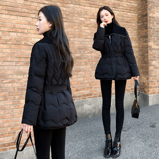 2025新款女装冬季修身收腰短款羽绒服女黑色显瘦针织翻领鸭绒外套