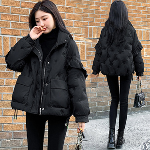 2025新款女装冬季短款羽绒服女小个子黑色显瘦刺绣荷叶边外套女生