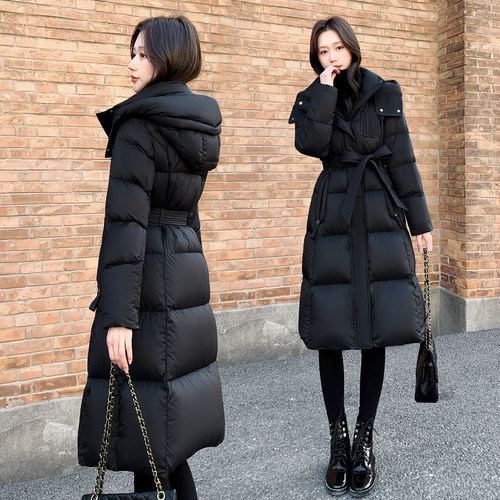 2025年新款女装冬季修身收腰中长款羽绒服女黑色90白鸭绒外套连帽