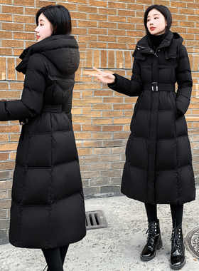 2025新款女装冬季修身收腰长款羽绒服女黑色显瘦过膝鸭绒外套连帽