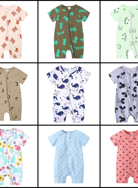 外贸婴儿双向拉链式连体衣夏季新生儿平角爬服ins风宝宝短袖哈衣