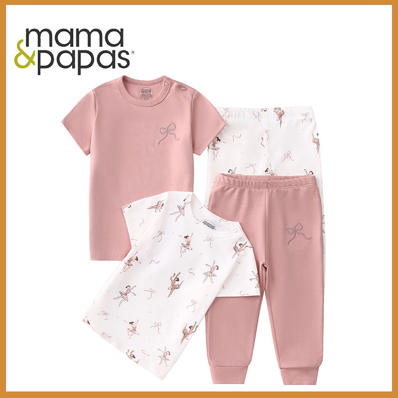 mamas婴儿纯棉短袖长裤套装夏季a类宝宝可爱印花睡衣两件套ins风
