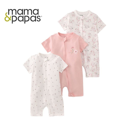 mamaspapas婴儿双拉链连体衣空调短袖哈衣夏季女宝宝外出爬服bb衫