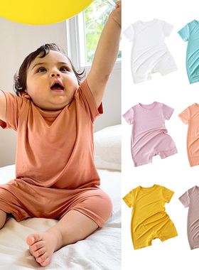 婴儿夏季轻薄莫代尔衣服男女宝宝短袖睡衣连体衣冰丝空调哈衣纯色