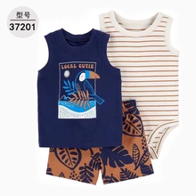 carters baby boy clothes男宝宝T恤短裤哈衣3件套纯棉夏季外出服