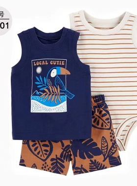 carters baby boy clothes男宝宝T恤短裤哈衣3件套纯棉夏季外出服