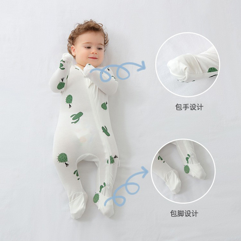 婴儿竹纤维连体衣带脚袜新生儿防抓脸衣服宝宝包手包脚双拉链睡衣