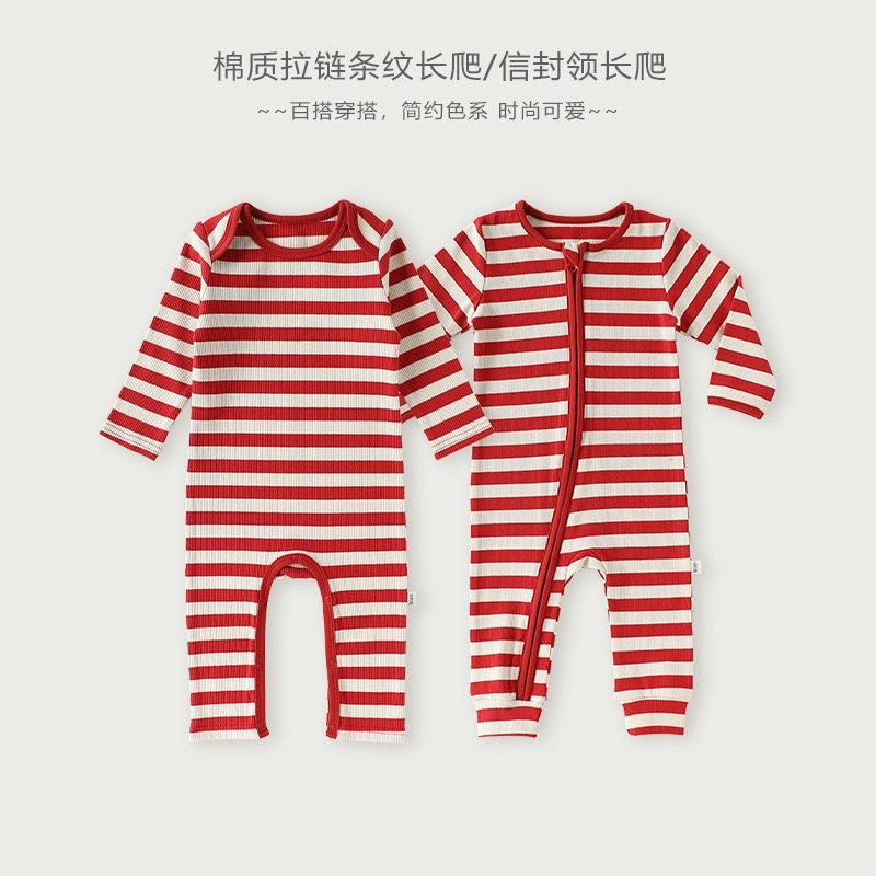 ins风婴儿圣诞连体衣春秋纯棉拉链bb爬服男女宝宝新年条纹家居服