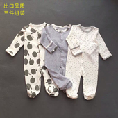 外贸原单宝宝包脚连体哈衣3件装 纯棉A类新生婴儿防抓脸睡衣连袜子