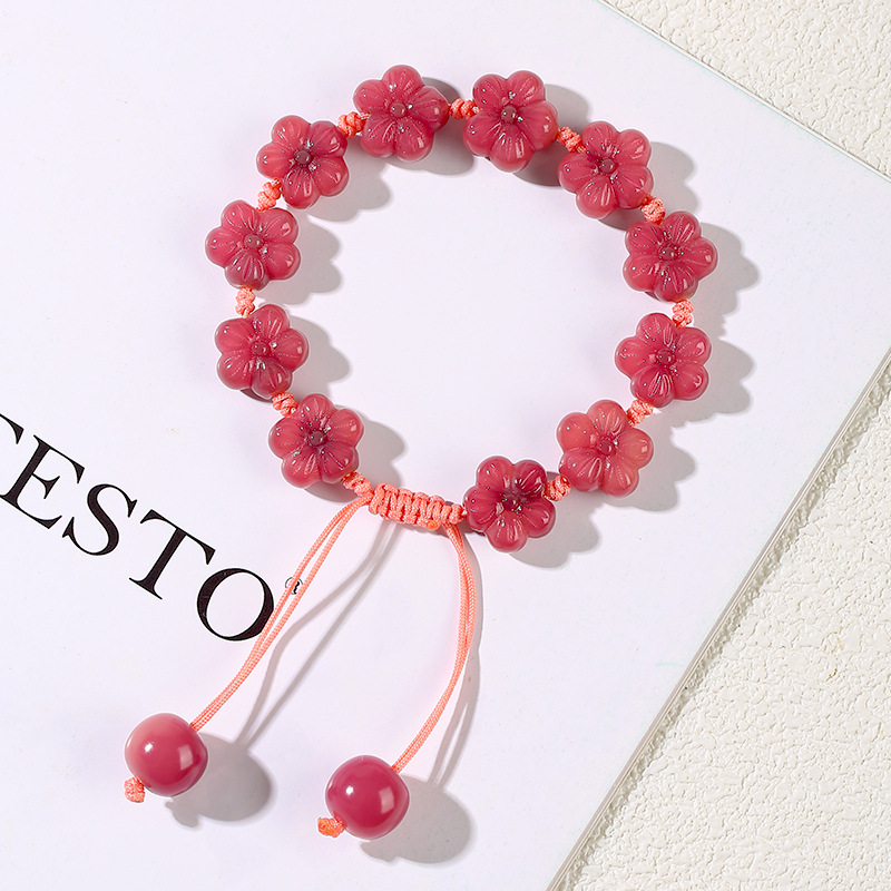 藕粉色菩提根雕刻梅花手链男女学生文玩菩提手串手持佛珠念珠