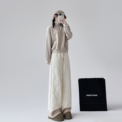 摇粒绒高腰直筒阔腿裤冬加绒垂顺